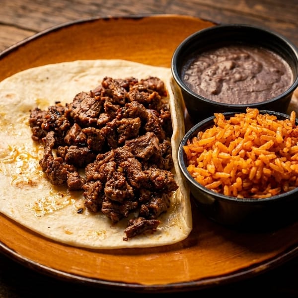 Carne asada taco on a tortilla with sides of refried beans and orange rice on a wooden table.