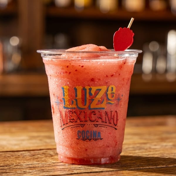 A frozen strawberry margarita in a branded plastic cup with a chili pepper garnish on a wooden bar.