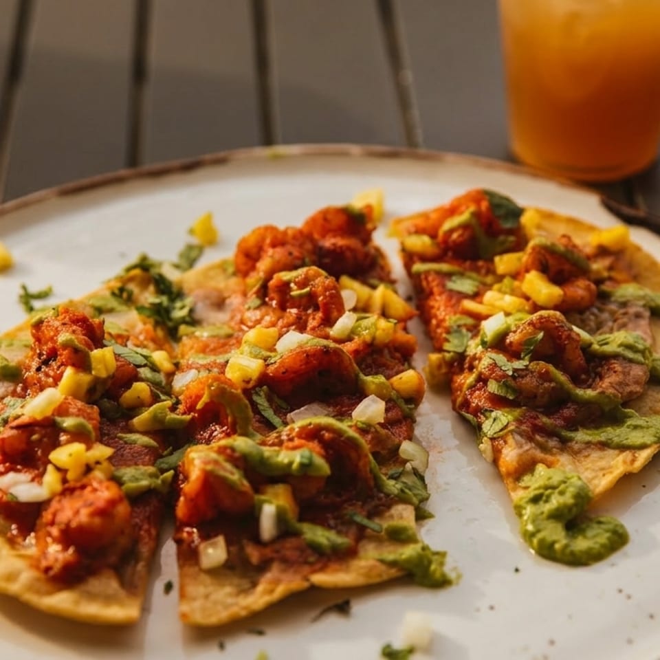 Three shrimp tacos with salsa, corn, and avocado sauce on a white plate with a drink.